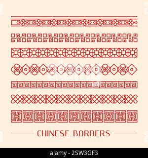 Chinesische rote Grenzen. Traditionelles asiatisches Design. Orientalische Ornamente. Dekorativer Rahmen. Linien mit quadratischen Geometriemustern. Kreative Trennungen. Östliches Motiv. Stock Vektor
