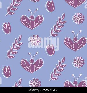Nahtloses Muster mit Schmetterlingen, Blumen und Blättern in einer weichen lila Palette Stock Vektor