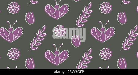Rosafarbene Schmetterlinge und Blumen auf olivem Hintergrund Stock Vektor
