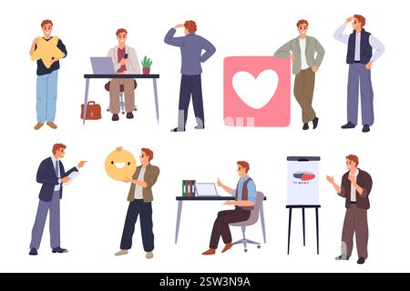 Geschäftsmann am Arbeitsplatz. Männliches Zeichen. Cartoon-Typ in Bürokleidung. Verschiedene Aktionen und Posen. Emotionsausdrücke. Formelle Kleidung. Mitarbeiterstand Stock Vektor