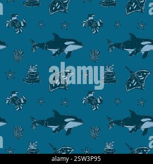 Vintage Orcas, Stachelrochen und Krabben auf Deep Blue Muster. Handgezeichnete Orcas, Stachelrochen, Krabben und Meereselemente in blauen Vintage-Meerestönen Stock Vektor