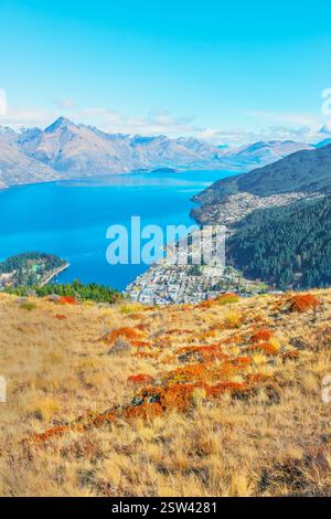 Lake Wakatipu und The Remarkables, Hochwinkelblick, Queenstown, Südinsel, Neuseeland Stockfoto