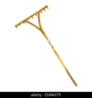Hölzerne Reche für die Ernte von Getreide und Laub handgezeichnet in Aquarell und isoliert auf weißem Hintergrund. Aquarellabbildung. Hochwertig Stockfoto