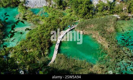 Erkunden Sie die ruhige Promenade, die sich durch die pulsierenden Plitvicer Seen in Kroatien schlängelt Stockfoto