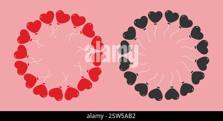Ballon in Herzform am Seil Roter und schwarzer kreisförmiger Rahmen grenzt an die Vorlage zum Valentinstag. Kopierraum. Isolierte Vektor-Illustration Thematische Karten, Werbung oder Web-Werbebanner, Broschüren, Preis, Etiketten Stock Vektor