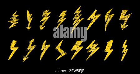 Set von Blitz durch Wachsstift Zeichnung. Sammlung von handgezeichneter Kreide, Lichthupen, Doodle Donner Bolts, goldenen Designelementen Stock Vektor