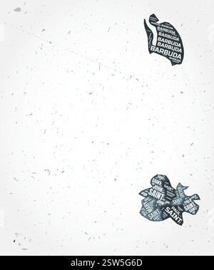 Antigua- und Barbuda-Regionen Wortwolken. Länderform auf strukturiertem Hintergrund. Antigua- und Barbuda-Design im typografischen Stil. Stock Vektor