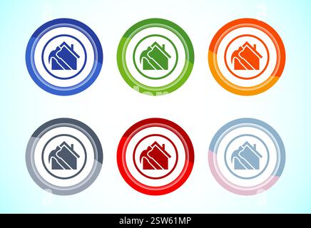 Designabbildung des Symbols für die Reparatur von Häusern. Schild für Renovierung, Reparatur oder Wartung von Häusern. Set mit 6 Farbknöpfen Stock Vektor