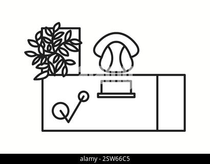 Vektorillustration eines Arbeitsbereichs mit einem Laptop, einer Pflanze und einem Stuhl in einer Ansicht von oben nach unten. Ideal für moderne Bürolayouts und Produktivitätsplanung Stock Vektor