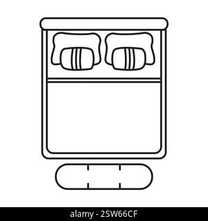 Vektor-Illustration eines minimalistischen Doppelbetts von oben gesehen, mit Matratze, Kissen und Fußstütze. Ideal für die Planung von Schlafzimmern und Stock Vektor