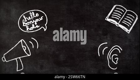 Bild der Kommunikationssymbole auf schwarzem Hintergrund Stockfoto