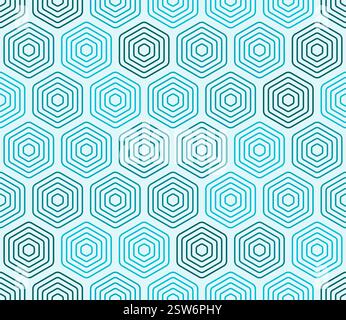 Hintergrund für geometrische Hexagon-Formen. Abgerundete, gestapelte Hexagon-Mosaikzellen. Cyan-Farbtöne. Große Sechskantformen. Nahtloses Muster. Stock Vektor