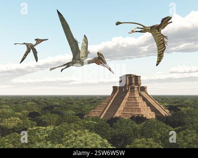 Pterosaurier Pterodactylus und Peteinosaurus in der Nähe eines Maya-Tempels über einem Dschungel Stockfoto