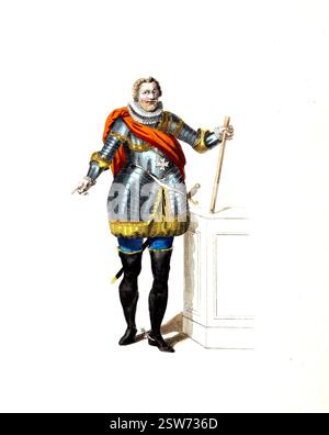 Historische Kleidung, Mode im Laufe der Zeit, Heinrich IV., Henri IV., Henri Quatre, Henri le Grand, geb. 13. Dezember 1553 14. Mai 1610, ab 9. Juni 1572 als Heinrich III. König von Navarra und ab 2. August 1589 bis zu seiner Ermordung am 14. Mai 1610 König von Frankreich, Digital restaurierte Reproduktion einer Vorlage aus dem 18./19. Jahrhundert, genaues Datum nicht bekannt Stockfoto