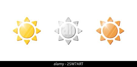 Set aus goldenen, silbernen und bronzenen Sonnenmünzen mit antikem Design. Glänzende 3D-Vektor-Illustration von Jackpot, Währung und Schatz für UI-, Casino-, Finanz- oder Gamification-Elemente von Videospielen. Stock Vektor