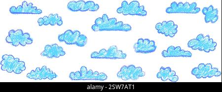 Set abstrakter Bleistiftwolken. Handgezeichneter Cartoon bewölkter Himmel. Vektor-Illustration der Sammlung von blauem Wirbel auf weißem Hintergrund. Nachahmung eines Kindes Stock Vektor