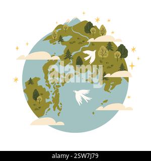 Abstrakte Erdkugel mit grünen Kontinenten und Himmelsmeeren. Ikone der Welt oder des Planeten im Doodle-Stil. Tag der Erde. Stock Vektor