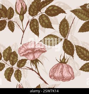 Wilde Rosenblüten Zeichnung und Zeichnung mit Pointillismus. Vintage-Muster von Zweigen mit Hagebuttenfrüchten und Blättern. Stock Vektor