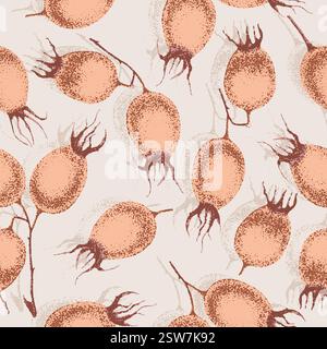 Wilde Rosenblüten Zeichnung und Zeichnung mit Pointillismus. Vintage-Muster von Zweigen mit Hagebuttenfrüchten und Blättern. Stock Vektor