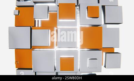 Abstrakte 3D horizontale Würfel Blöcke Mosaikfliese moderne Form hell weiß orange reflektierendes Chrom Neon futuristische Nostalgie Wissenschaft Hintergrund Fisheye Stockfoto