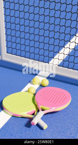 Farbenfrohe Paddel und Bälle auf einem blauen Platz, bereit für eine Partie Padel-Tennis. 3D-Rendering Stockfoto