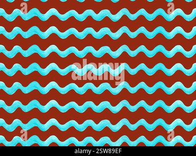 Abstrakte türkisfarbene Wellenlinien nahtloses Aquarellmuster auf braunem rotem Hintergrund. Hochwertige Abbildung. Handgezeichnet. Gut für Karten, Bastelpapier Stockfoto