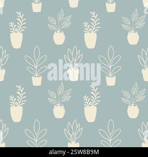 Blaues Pastellmuster mit beigefarbener Silhouette von Zimmerpflanzen in Blumentöpfen, häusliche Atmosphäre, gemütliches Zuhause, Entspannungsbereich, Entspannung, Fernarbeit, komfortabel Stock Vektor