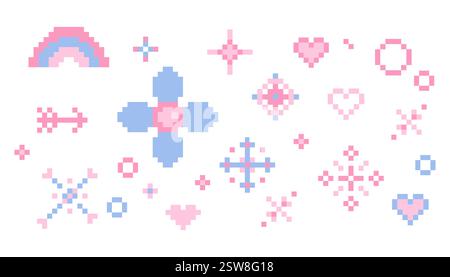 Pixel Star Glitzer niedliches Retro 8 Bit Glitzer Set. Glänzend pinkfarbenes Pixel-Kunsteffekt-Set. Feuerwerk geplatzt, Pfeil, Raumdekoration. Ästhetik der 90er Jahre, y2k. Vektorabbildung Stock Vektor