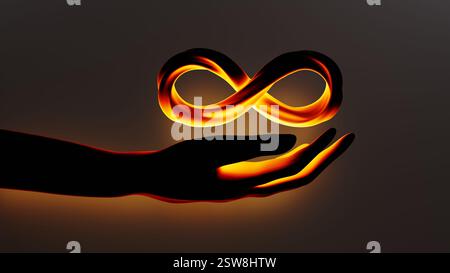 Glühendes Unendlichkeitssymbol, das über einer offenen Handfläche schwebt, 3D-Rendering Stockfoto