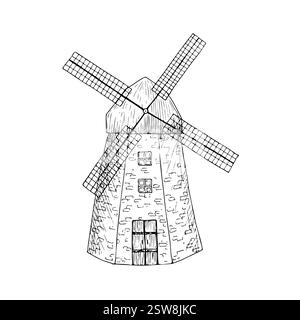 Vektor-Windmühle. Graphic Mill-Logo oder -Etikett. Bauernhof, Landwirtschaft Illustration isoliert auf Hintergrund. Handgezeichnete Linienskizze. Für Designer, Drucke Stock Vektor