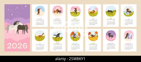 Kalender 2026 mit vertikaler Vorlage für Pferdemaskottchen. Wandkalender mit Stute, Mustang. 12-seitiges Set und Cover mit Pferden in verschiedenen Posen, Szenenlandschaften. Woche beginnt Sonntag Vektorillustration Stock Vektor