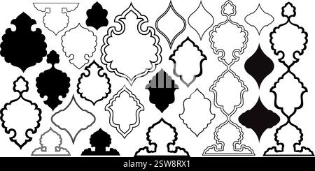 Mashrabiya Kollektion. Arabisches Fenster und islamische Türen in Rahmenform. Orientalische Architekturelemente. Stock Vektor