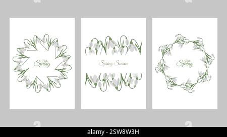 Poster oder Kartenset mit „Hello Spring“-Vorlage. Schneeglöckchen und Kranz. Farbenfroher Hintergrund mit wunderschönen Blumen. Vektor-Illustration für Cover Design Marketingmaterial natürliche und organische Produkte Stock Vektor