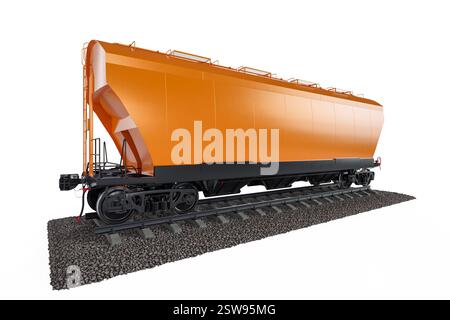 Oranger Wagenzug auf weißem Hintergrund. Spezialwagen für den Transport von Schüttgütern wie Getreide, Zement oder anderen Industriegütern. Stockfoto