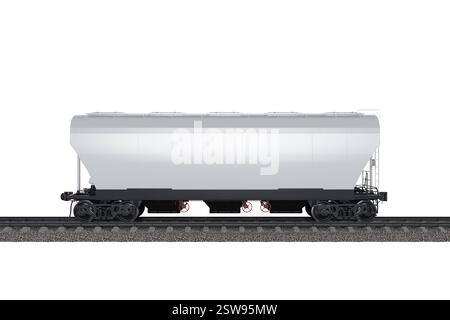 Trichterwagen auf weißem Hintergrund. Spezialwagen für den Transport von Schüttgütern wie Getreide, Zement oder anderen Industriegütern. Stockfoto