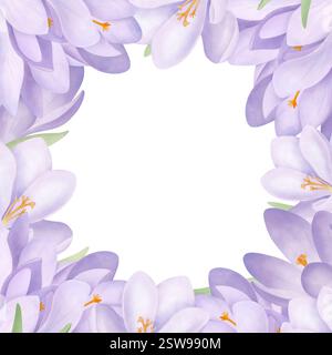 Violette Krokusse, quadratischer Rahmen. Aquarellhintergrund mit Blumendruck und Platz für Text. Frühlingsvorlage für Hochzeitseinladungen und Grußkarten. Stockfoto