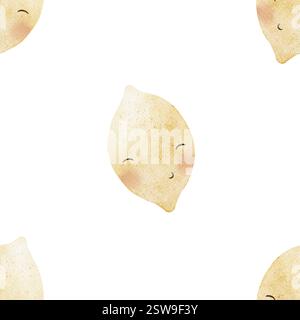 Lustige Zitronen-Früchte mit Aquarellmuster und süßen Augen. Nahtloser Sommerdruck. Handgezeichnete Illustrationen auf weißem Hintergrund für Design-Kinder Stockfoto
