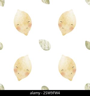 Nahtlos gemusterte Zitronenblätter, süße Früchte mit Augen. Lebensmittel mit Pastell-Muster in Aquarellfarben. Charaktere handgezeichnete Illustrationen auf weißem Hintergrund für Stockfoto