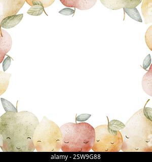 Rahmen Aquarell lustige Äpfel, Birne, Zitrone, Mandarine, Orange, ernten Sie mit niedlichen Augen. Handgezeichnete Illustration für Designvorlagen für Einladungen für Kinder Stockfoto