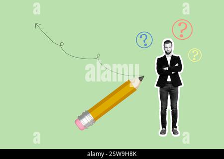 Trend Composite Sketch Template 3D Foto Collage von jungen Mann Stand Bleistift Frage Student Einstellung Vakanz Unternehmer HR Arbeitsplatz Stockfoto