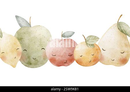 Aquarell nahtlose Borte Früchte Zitrone, Äpfel, Birne, Mandarine, Orange. Isolierte Illustration für Bannerdesign, Dusche, Badezimmer, Kinder, Kinderzimmer Stockfoto