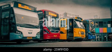 Eine Reihe von farbenfrohen Bussen erstreckt sich vor einer lebendigen Plakatwand, die einen lebhaften Farbtupfer am Busbahnhof erzeugt Stockfoto