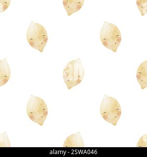 Lustige Zitronen-Früchte mit Aquarellmuster und süßen Augen. Nahtloser Sommerdruck. Handgezeichnete Illustrationen auf weißem Hintergrund für Design-Kinder Stockfoto
