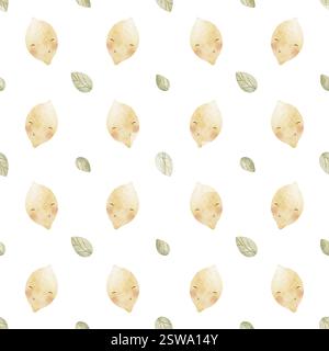 Nahtlos gemusterte Zitronenblätter, süße Früchte mit Augen. Lebensmittel mit Pastell-Muster in Aquarellfarben. Charaktere handgezeichnete Illustrationen auf weißem Hintergrund für Stockfoto