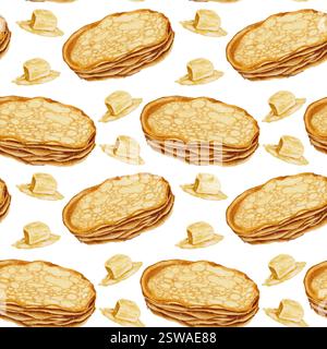Heiße Pfannkuchen und Butterstücke nahtloses Muster auf weiß. Aquarellillustration für Verpackungen, Küchentextilien, Servietten, Etiketten. Stockfoto