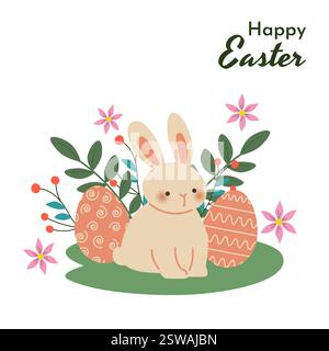 Entzückender süßer Osterhase, der auf einer Wiese sitzt, umgeben von Ostereiern und Frühlingsblumen. Perfekt für Weihnachtsgrußkarten, Einladungen und Festspiele Stock Vektor
