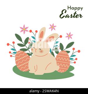 Der charmante Osterhase sitzt auf einer Wiese, umgeben von bunten Eiern und blühenden Frühlingsblumen. Ideal für Weihnachtsgrußkarten, Einladungen und fe Stock Vektor