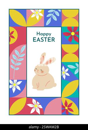 Happy Easter Card. Bunte und festliche Vorlage. Trendiges Design mit abstrakten geometrischen Formen und niedlichem Häschen. Perfekt für Urlaubsgrüße, Invi Stock Vektor