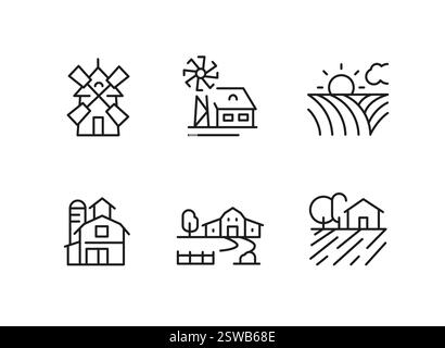 Farm Icons – Set mit 20 minimalistischen Line Art Landwirtschafts-Icons Stock Vektor