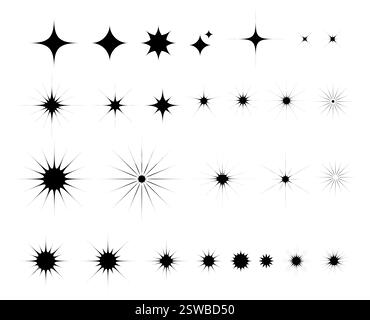 Sternsymbole, funkelnde Sterne. Funkelnde, strahlende Explosion. Set Collection, Vektorsymbole mit schwarzer Strahlung isoliert auf weißem Hintergrund Stock Vektor